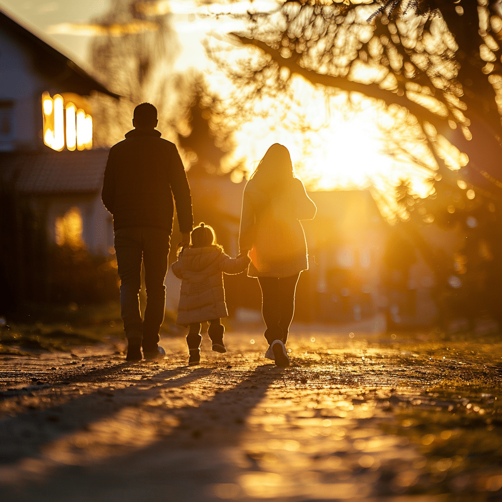 Familie mit Kind geht bei Sonnenuntergang gemeinsam einen Weg entlang.