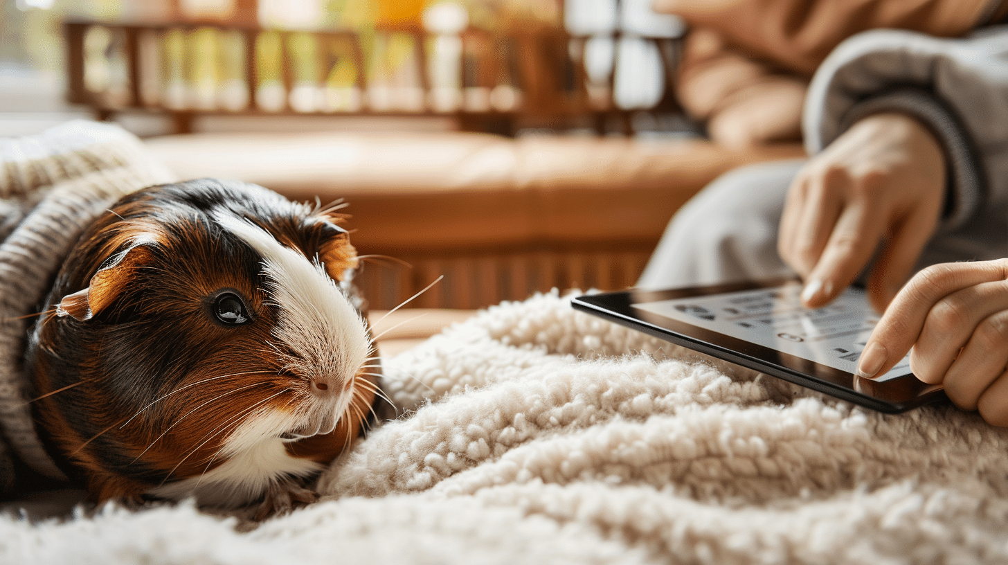 Meerschweinchen liegt auf einer Decke, während eine Person ein Tablet nutzt.