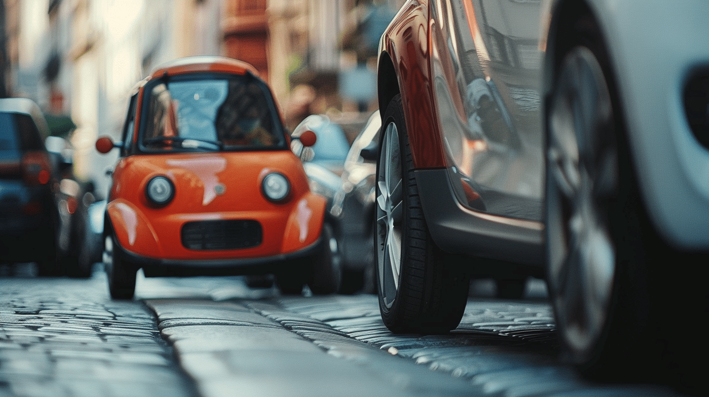 Rotes Mopedauto steht im Straßenverkehr zwischen größeren Autos.