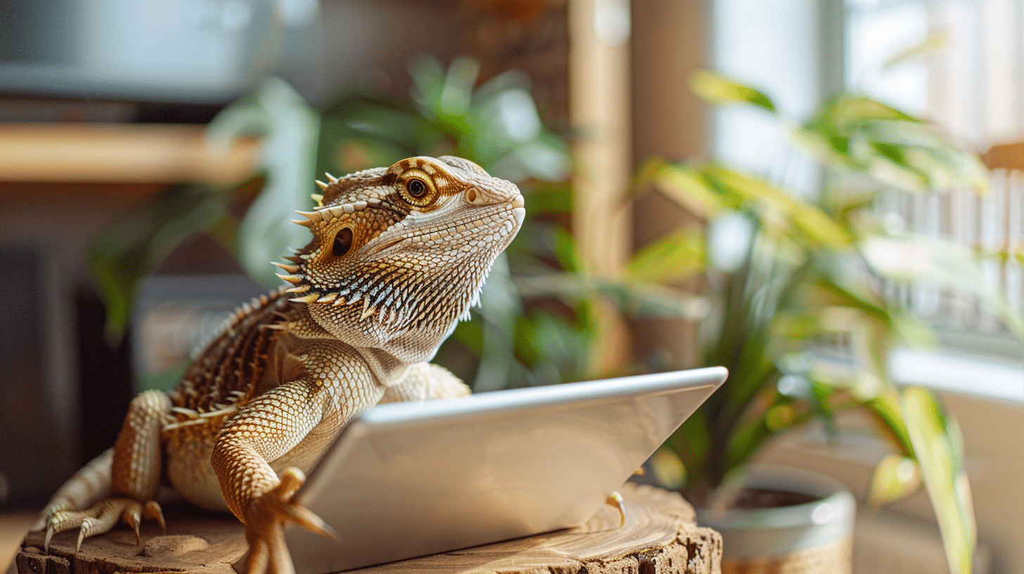 Bartagame sitzt neben einem Tablet in einem Wohnraum.