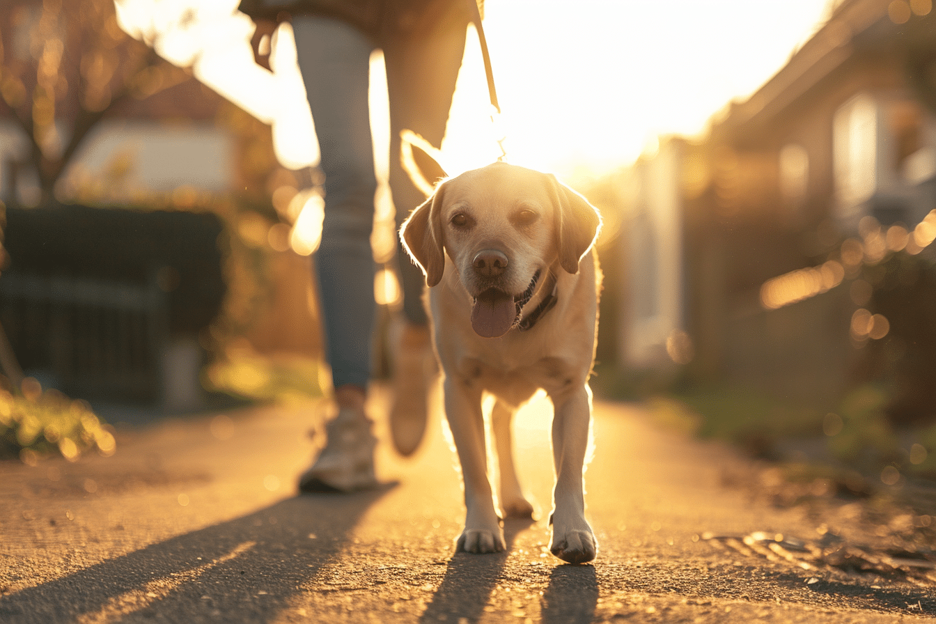 Hund läuft mit Halter im warmen Abendlicht – Symbol für den Leistungsumfang der Tierhalterhaftpflichtversicherung.