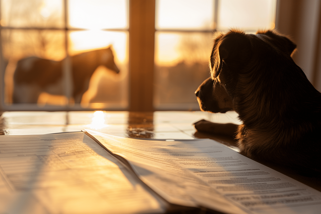 Hund liegt neben Versicherungsunterlagen, im Hintergrund ein Pferd – Symbolbild für den Vergleich der Tierhalterhaftpflichtversicherung.