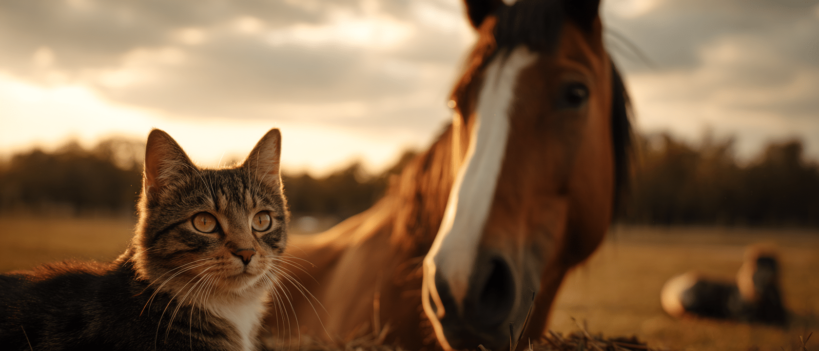 Katze im Vordergrund und Pferd im Hintergrund auf einer Wiese im warmen Sonnenuntergang.