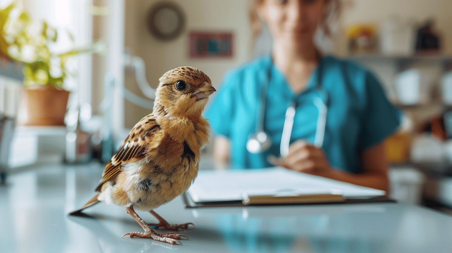 Kleiner Singvogel sitzt in einer Tierarztpraxis auf dem Behandlungstisch.