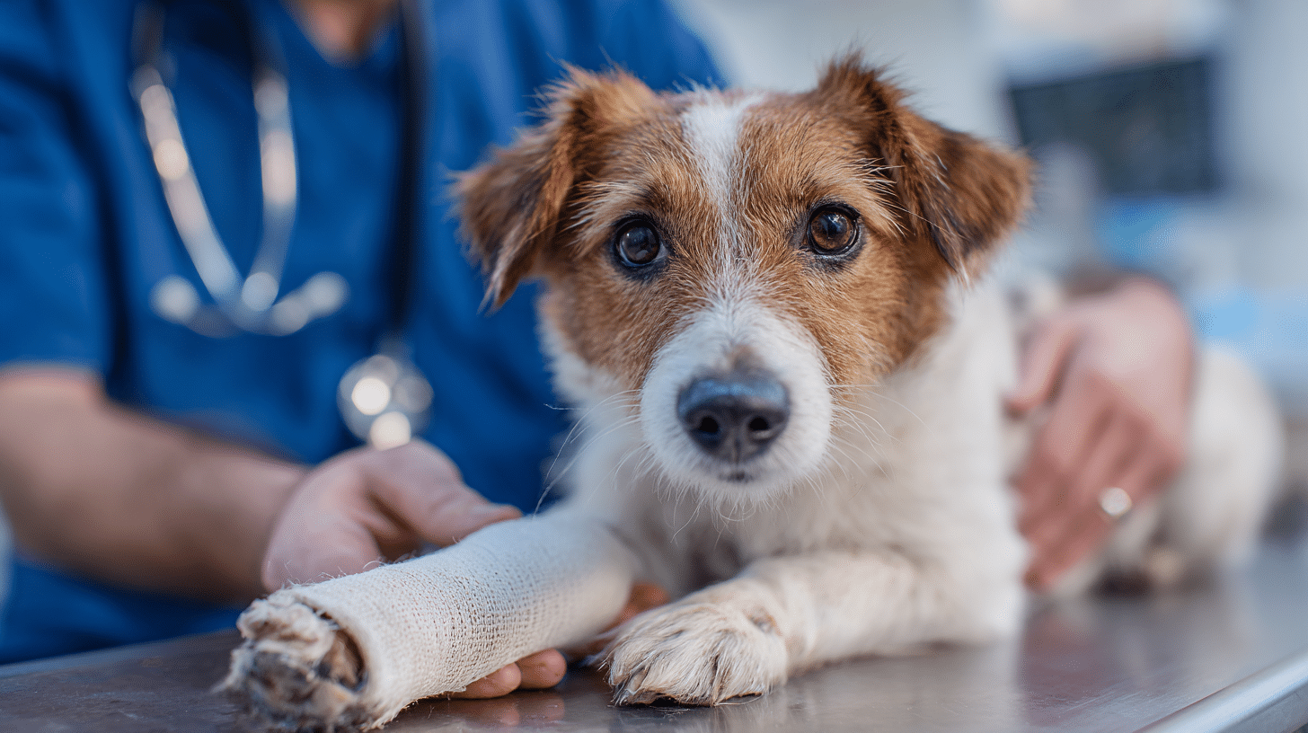 Hund mit bandagiertem Bein nach Operation beim Tierarzt – Beispiel für Leistungen einer Hunde-OP-Versicherung