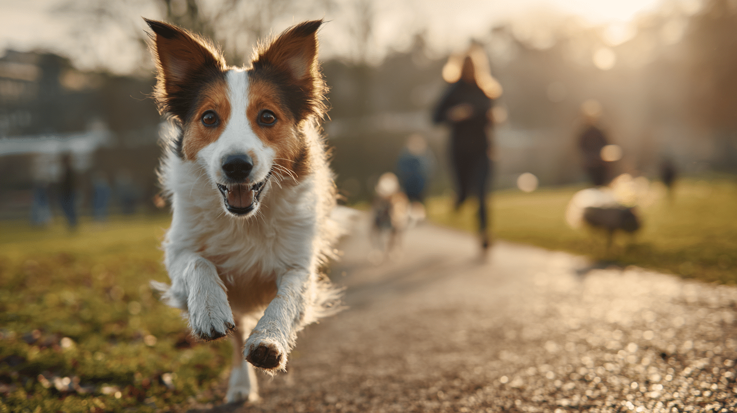 Hund läuft im Park auf Spaziergänger zu – Symbolbild zur Hundehalterhaftpflichtversicherung