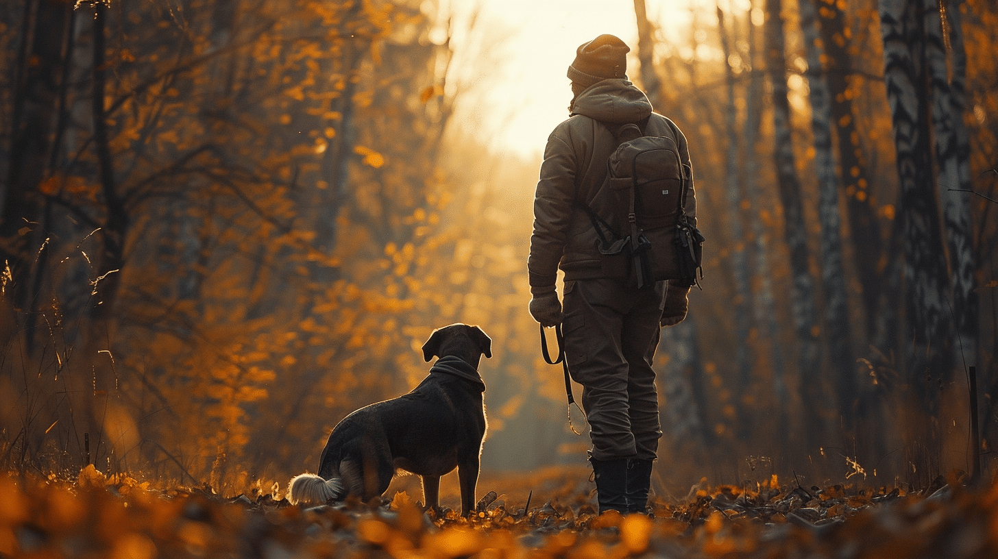 Jäger mit Jagdhund im Wald – typisches Risiko für die Jagdhaftpflichtversicherung