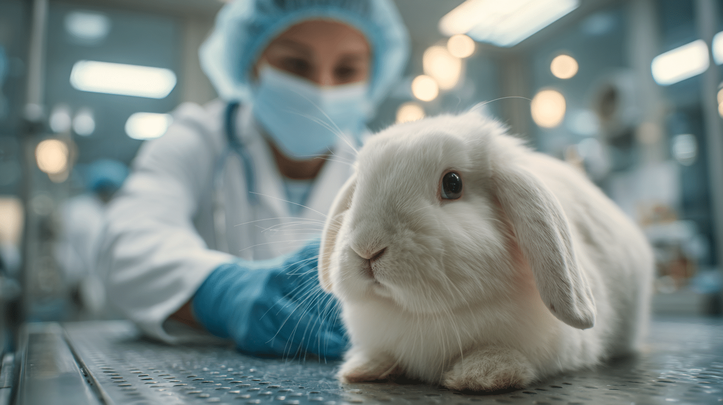 Kaninchen liegt auf einem Behandlungstisch während ein Tierarzt im Hintergrund arbeitet