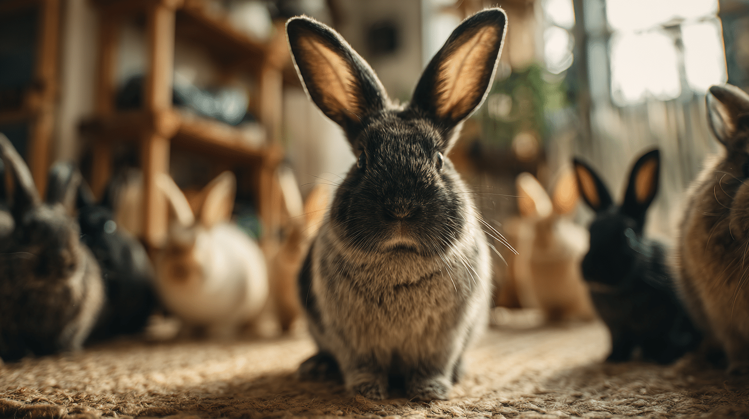 Mehrere Kaninchen sitzen gemeinsam in einer gemütlichen Innenumgebung und schauen in die Kamera