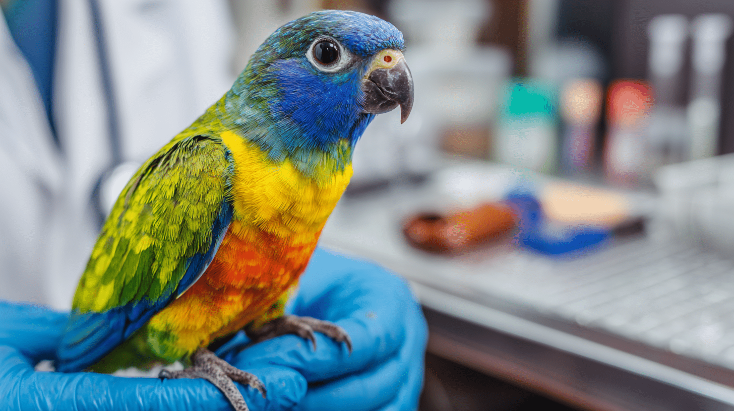 Papagei bei tierärztlicher Untersuchung durch einen Tierarzt – Beispiel für Papageien-OP-Versicherung