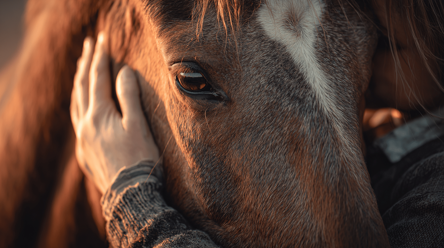 Nahaufnahme eines Pferdes, das von einer Person sanft am Kopf gehalten wird