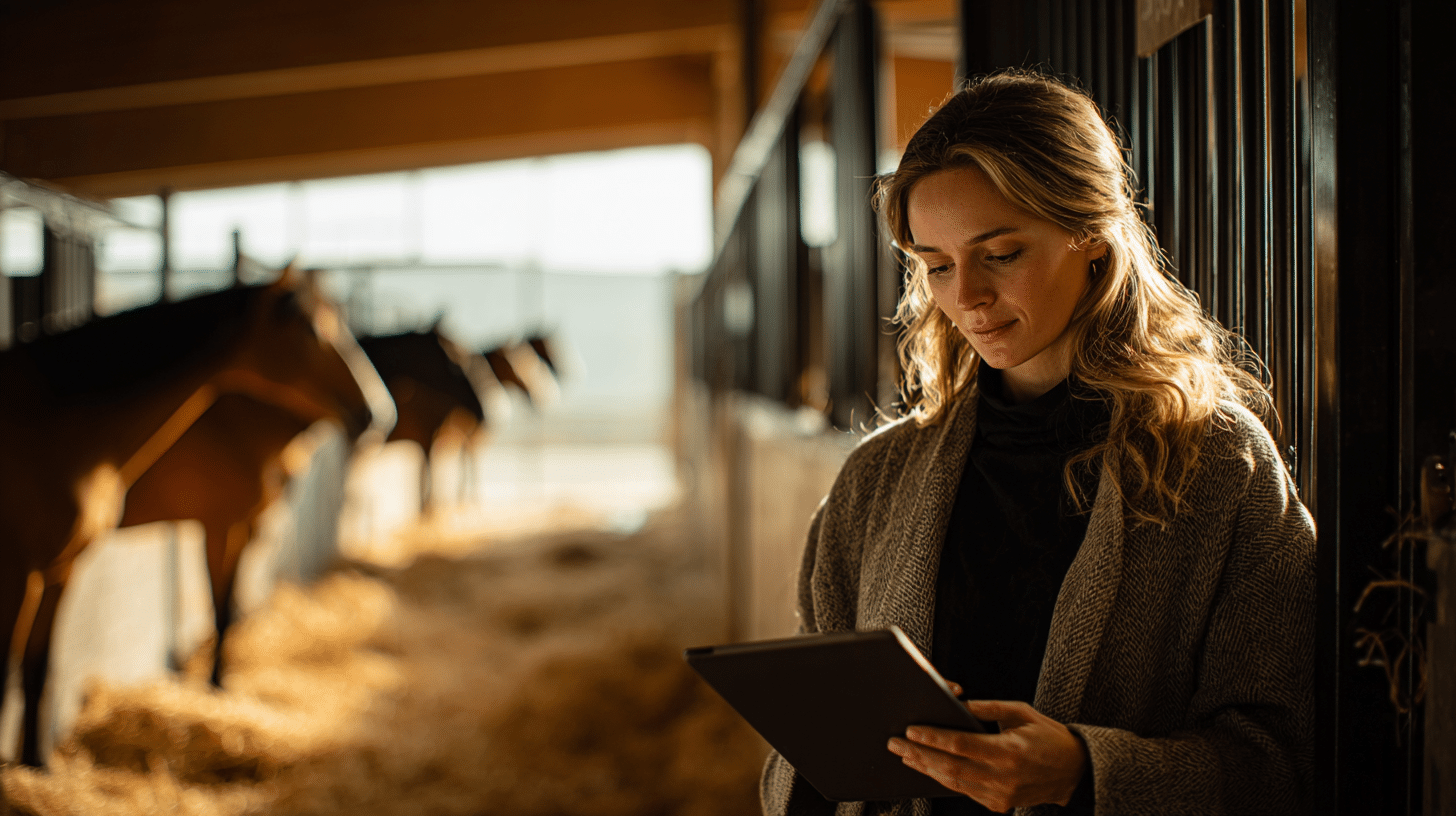 Frau nutzt Tablet im Pferdestall während mehrere Pferde im Hintergrund stehen