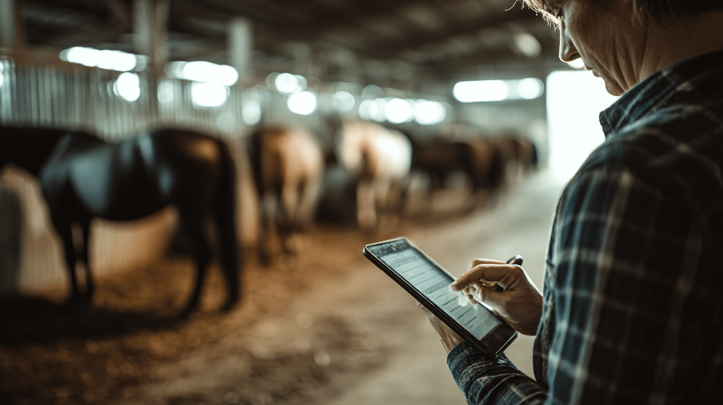 Person nutzt ein Tablet im Pferdestall während mehrere Pferde im Hintergrund stehen