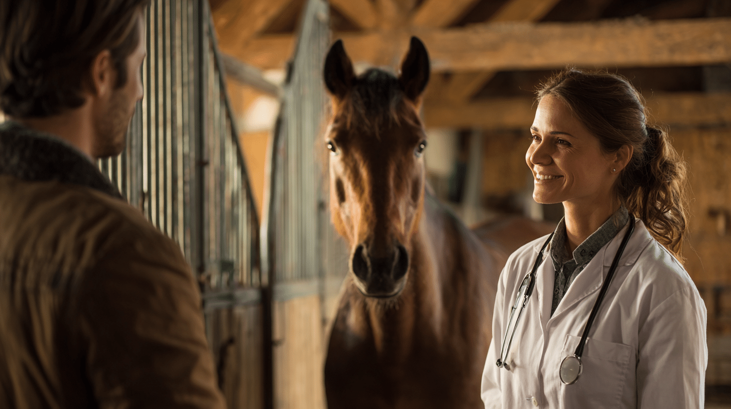 Tierärztin bespricht mit einem Halter die Untersuchung und Vorbereitung vor einer möglichen Operation beim Pferd