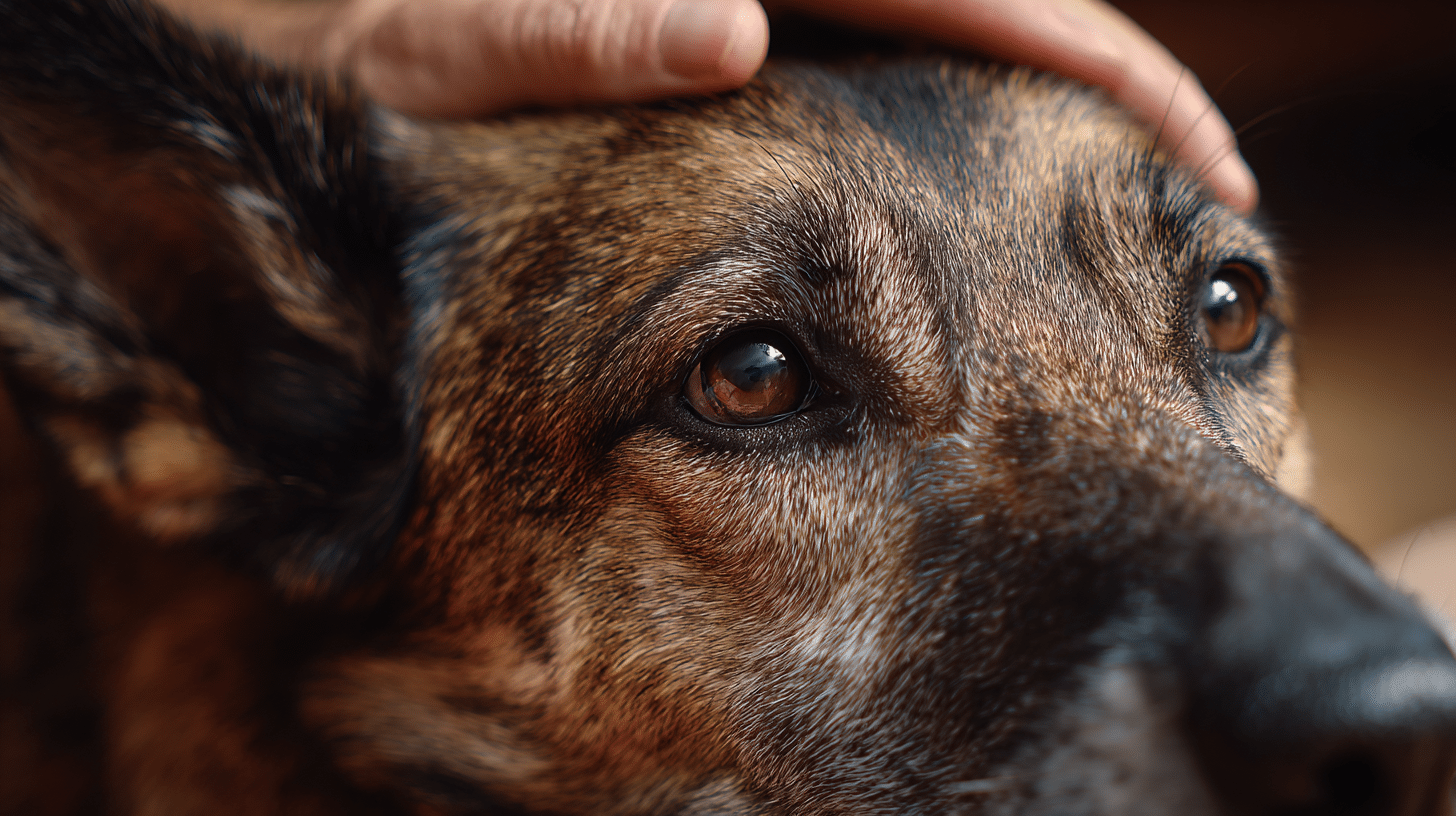 Nahaufnahme eines Hundes, der von einer Hand beruhigend am Kopf gehalten wird.