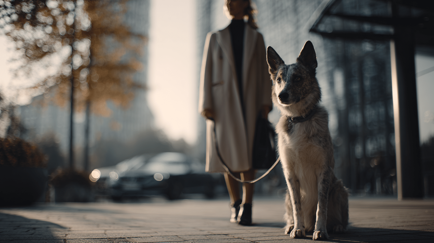 Hund sitzt an der Leine im urbanen Umfeld, während die Halterin im Hintergrund steht.