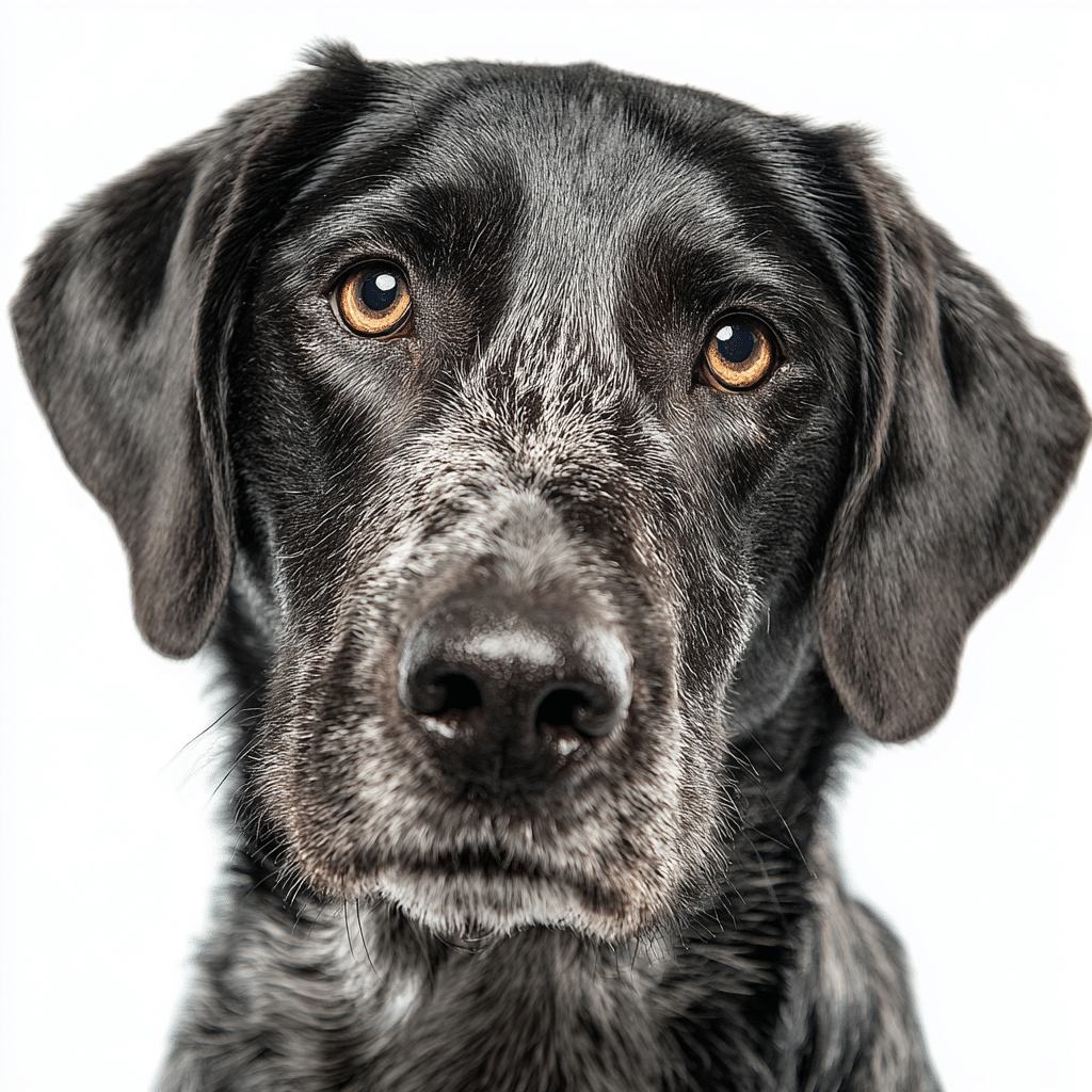 Hund im Frontalporträt mit direktem Blick in die Kamera