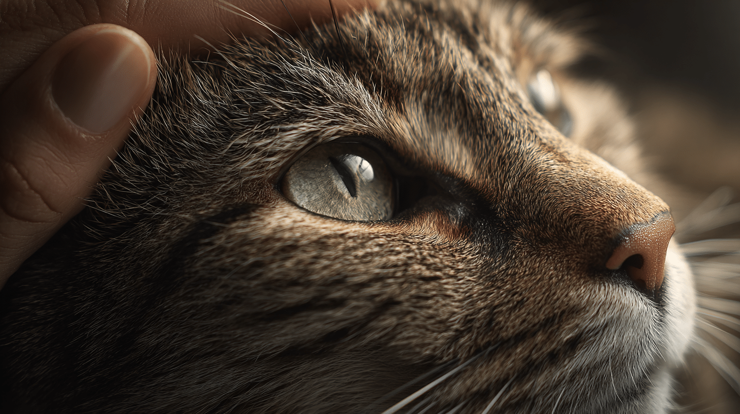 Nahaufnahme einer Katze, die von einer Hand beruhigend am Kopf gehalten wird.