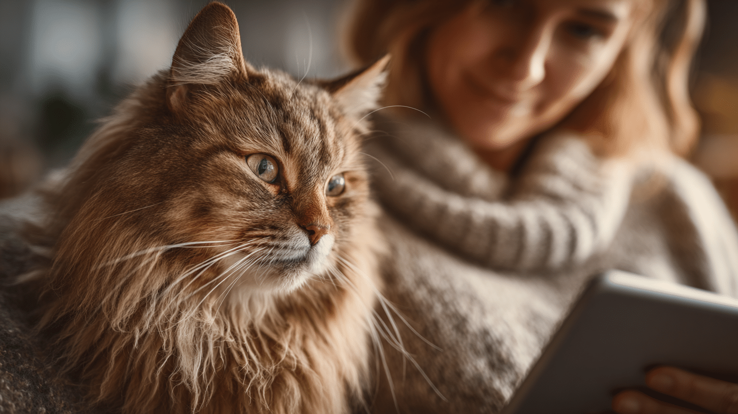 Katze sitzt im Vordergrund, während eine Person im Hintergrund ein Tablet nutzt und sich zur Katzenkrankenversicherung informiert.