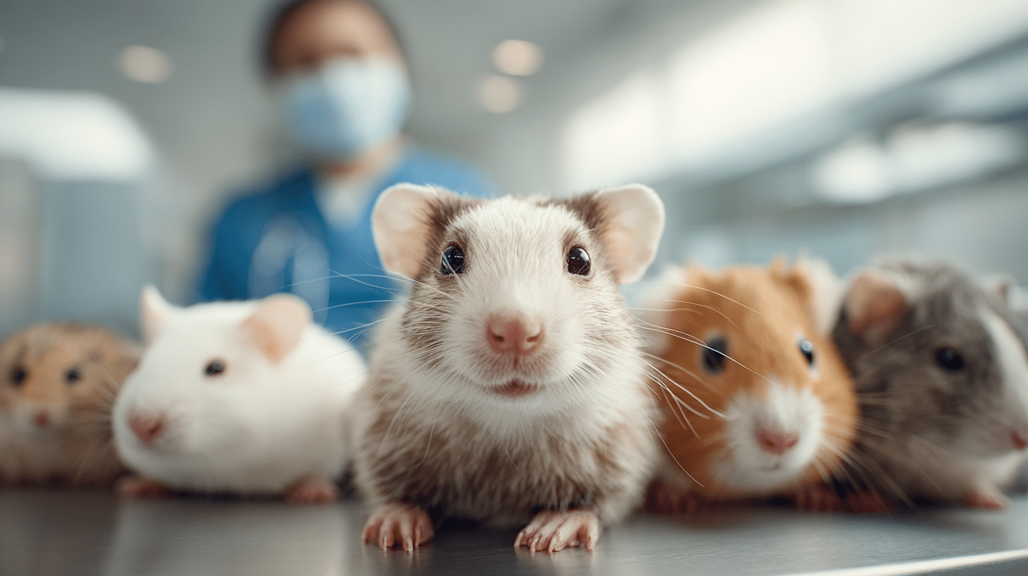 Mehrere Kleintiere wie Hamster und Meerschweinchen beim Tierarzt auf einem Behandlungstisch
