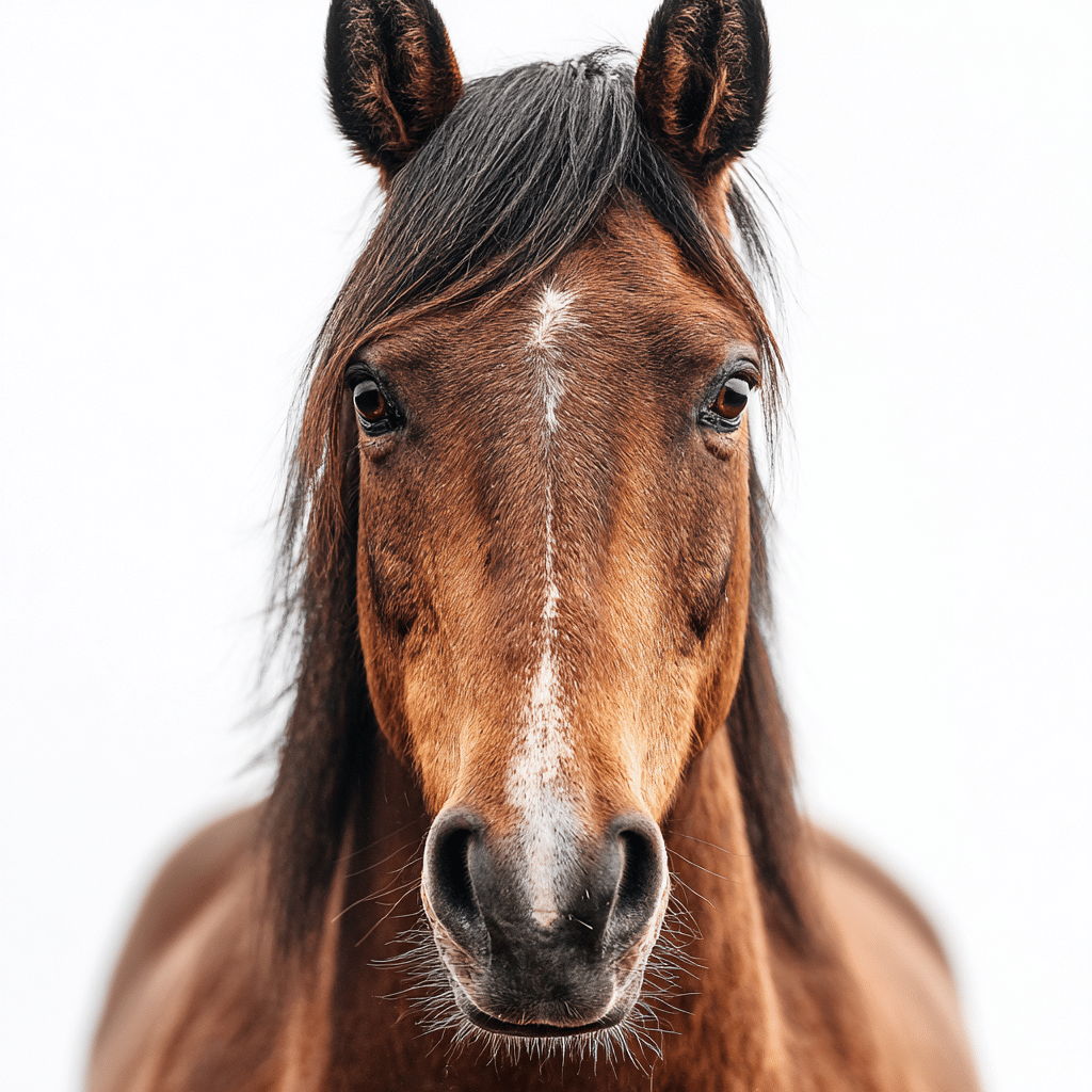 Pferd im Frontalporträt mit direktem Blick in die Kamera