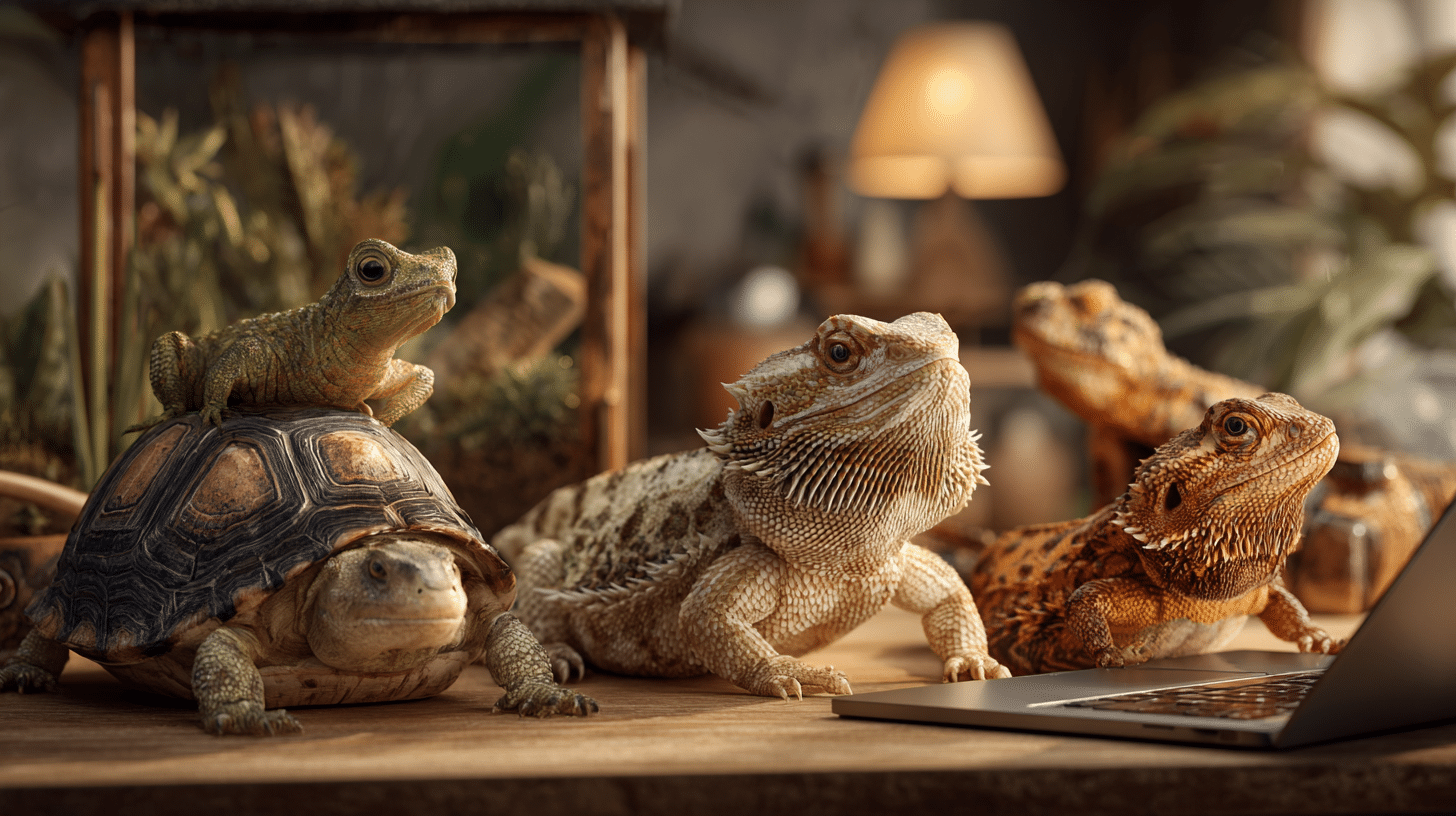 Mehrere Reptilien wie Bartagamen und eine Schildkröte sitzen auf einem Tisch vor einem Laptop