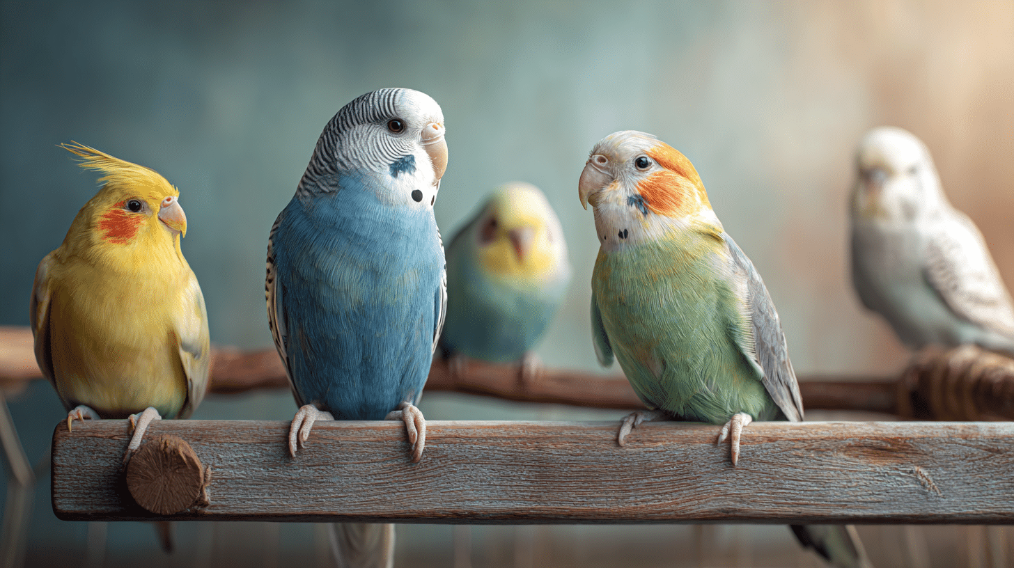 Mehrere Vögel sitzen nebeneinander auf einer Holzstange
