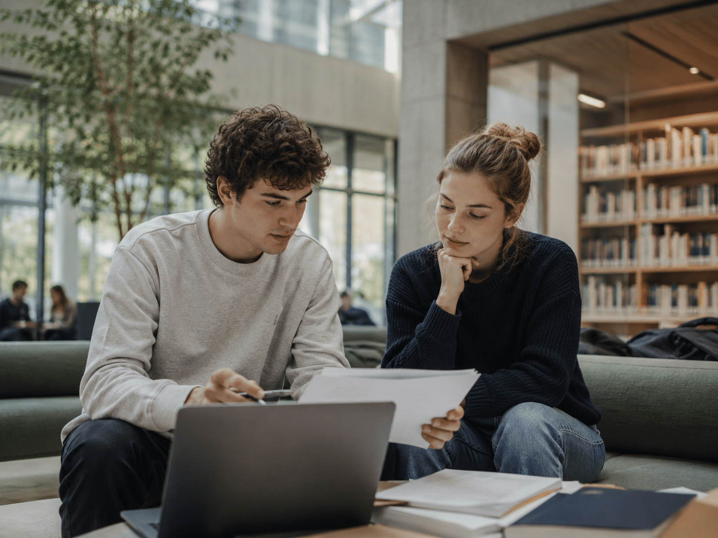 Zwei Studierende besprechen Unterlagen und Laptop in einer modernen Bibliothek