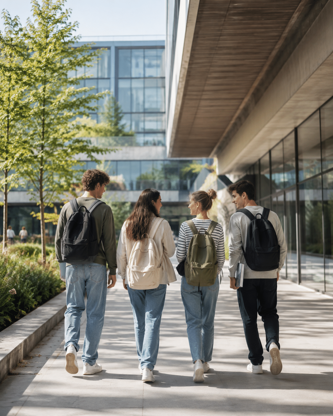 Vier Studierende gehen mit Rucksäcken über einen modernen Universitätscampus